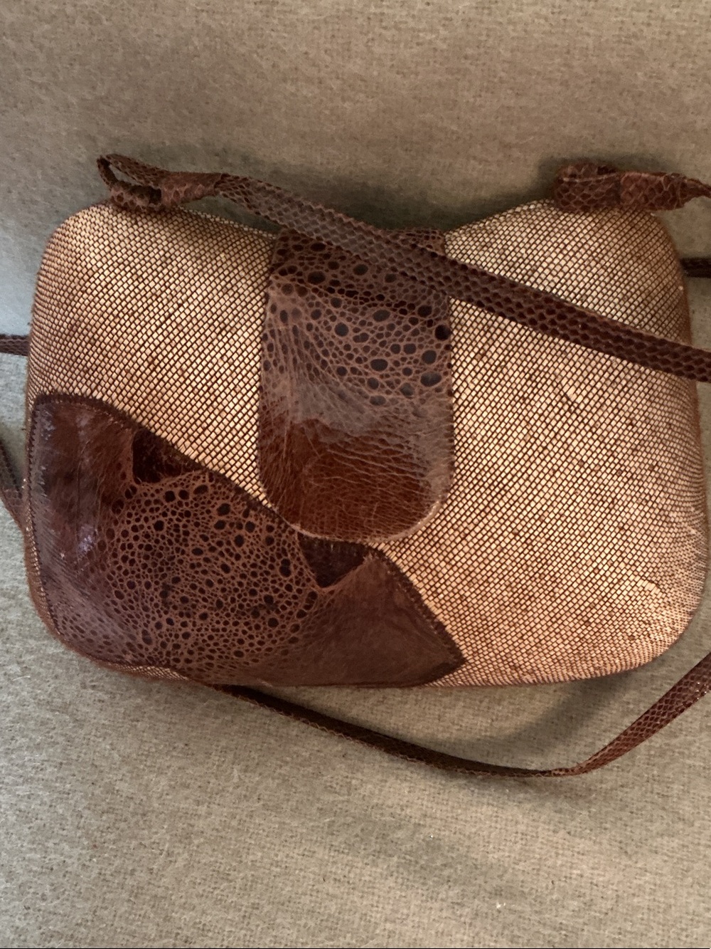 Brown Patchwork Textured Crossbody Bag with Leather Accents
